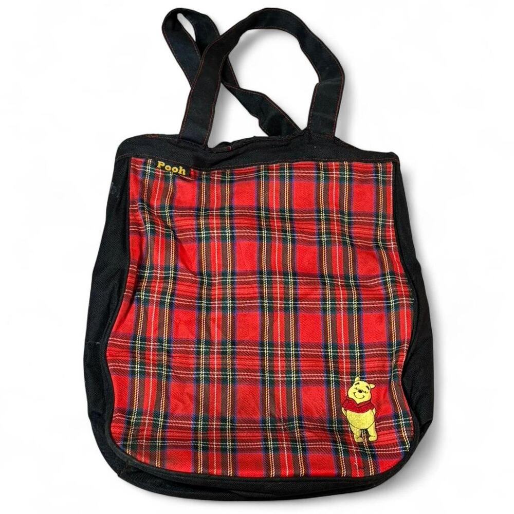 VINTAGE Disney Winnie The Pooh Red Black Plaid Tote Bag w Metal Lining Vintage